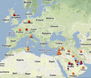 HealthMap map of MERS-CoV reports.