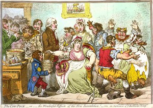 This 1802 British cartoon skewers the cowpox vacccine, newly introduced against smallpox. Read more at http://en.wikipedia.org/wiki/File:The_cow_pock.jpg#file
